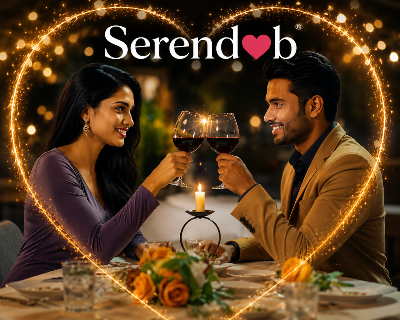 A Sri Lankan couple sharing a candlelit toast inside a heart of golden light