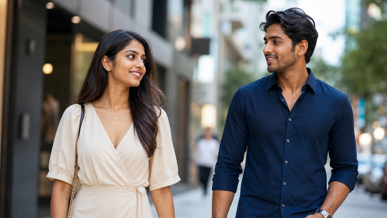 A Sri Lankan couple walking through a city, smiling at each other