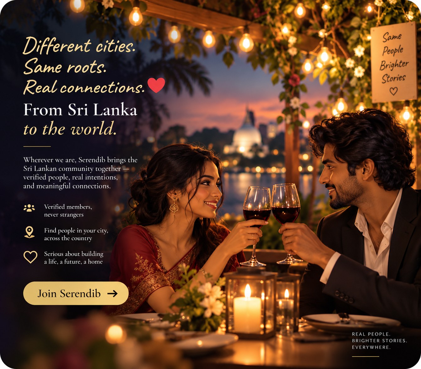 Different cities. Same roots. Real connections. A Sri Lankan couple toasting at dinner with the Lotus Tower behind them