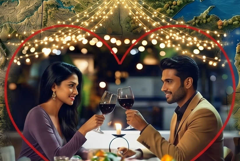A Sri Lankan couple sharing a candlelit dinner, framed by a heart of lights