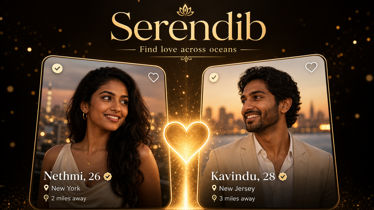 Serendib — two people matched, 'Find love across oceans'