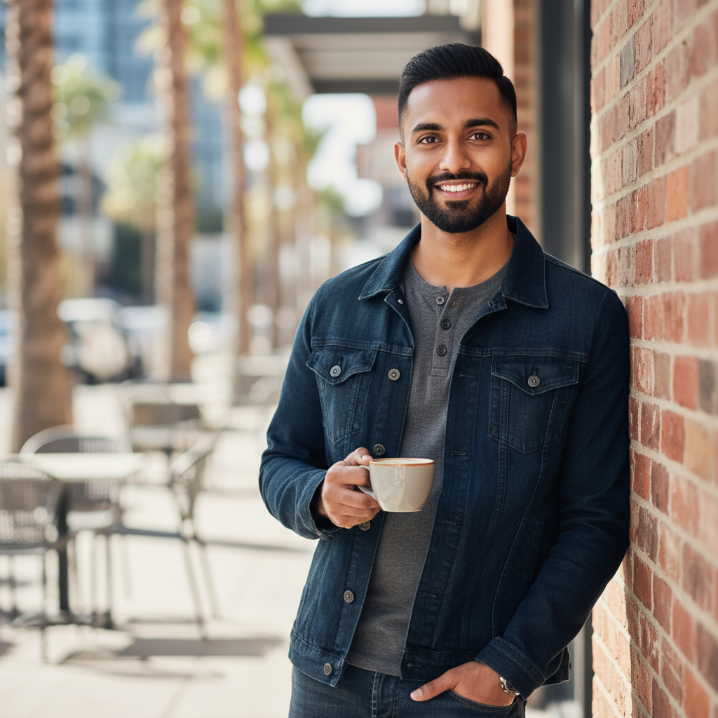 Profile preview — a smartly dressed young man on a city balcony