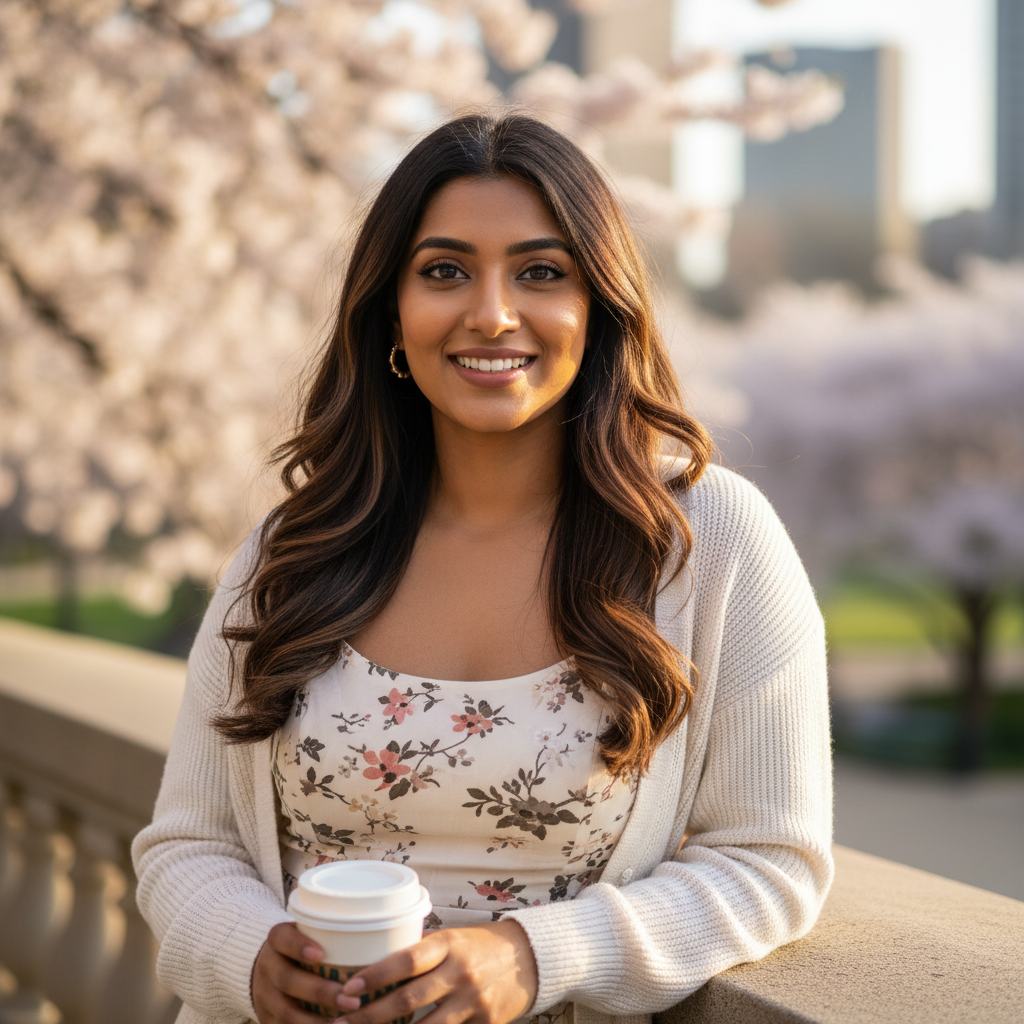 Profile preview — a young woman among spring cherry blossoms