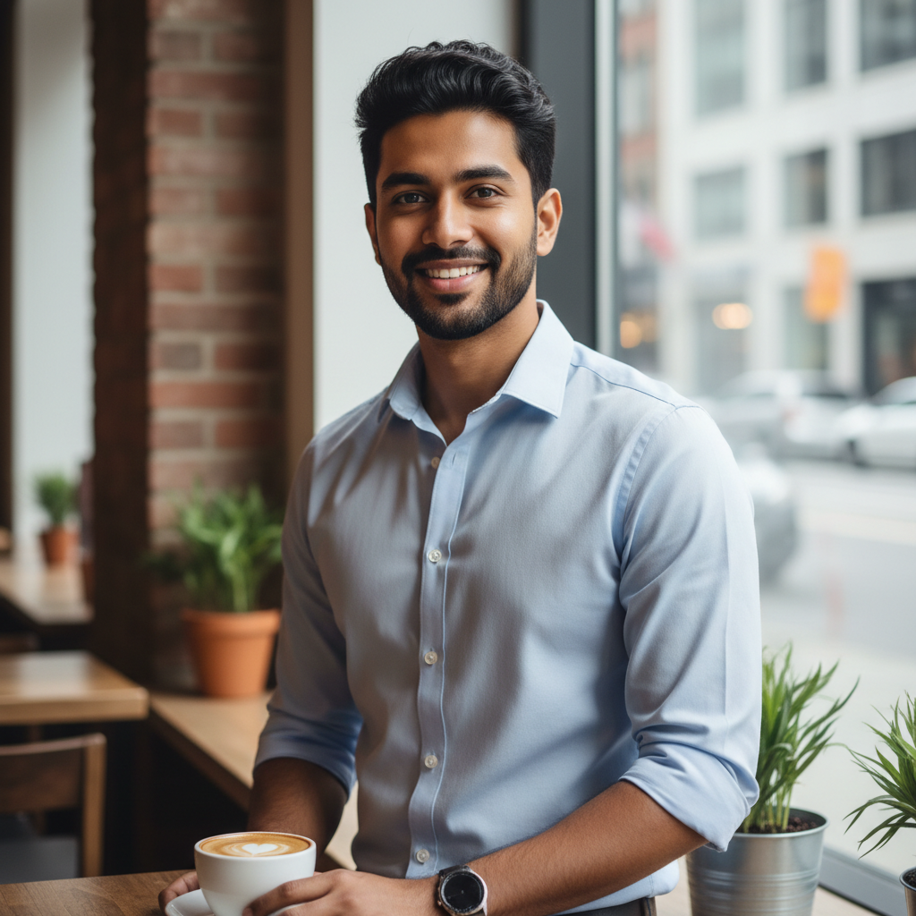 Profile preview — a friendly young man enjoying coffee at a city cafe