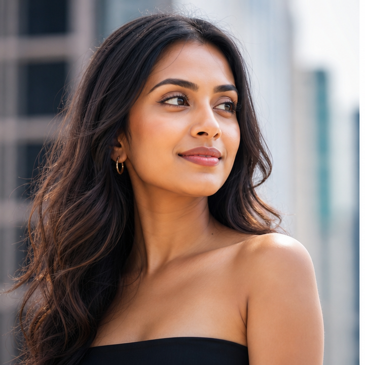 Profile preview — a young woman on a city rooftop at golden hour