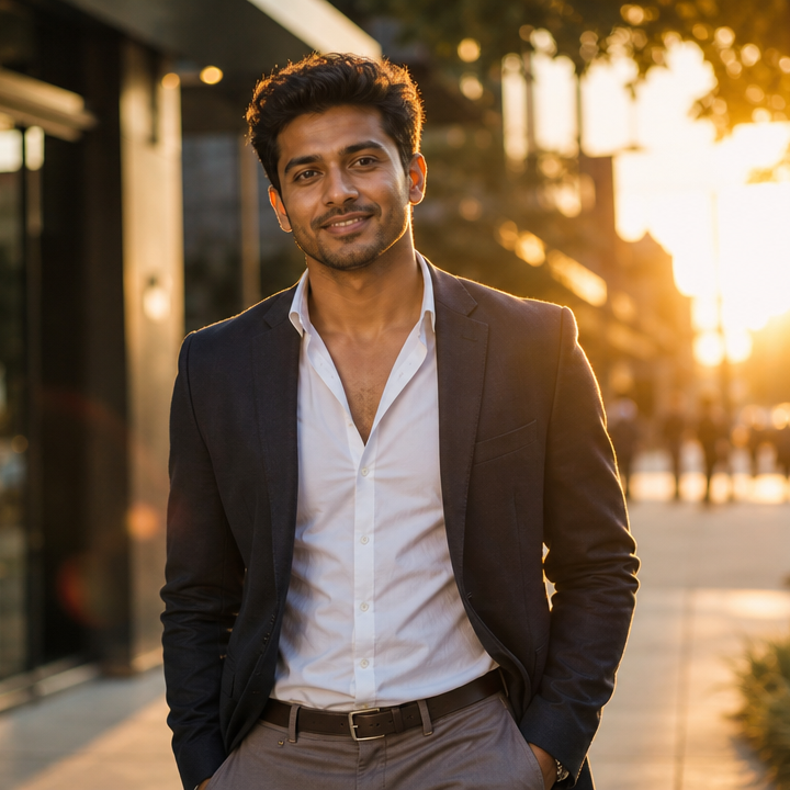 Profile preview — a relaxed young man on a sunny city street